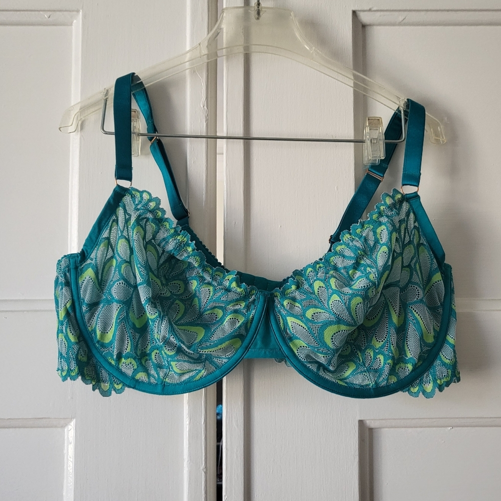 Savage X Fenty Dolled Up Teal Green Unlined Lace Mesh Underwire Bra